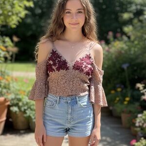 Raga Lace Floral Embroidered Cold Shoulder Crop Top (BR666)